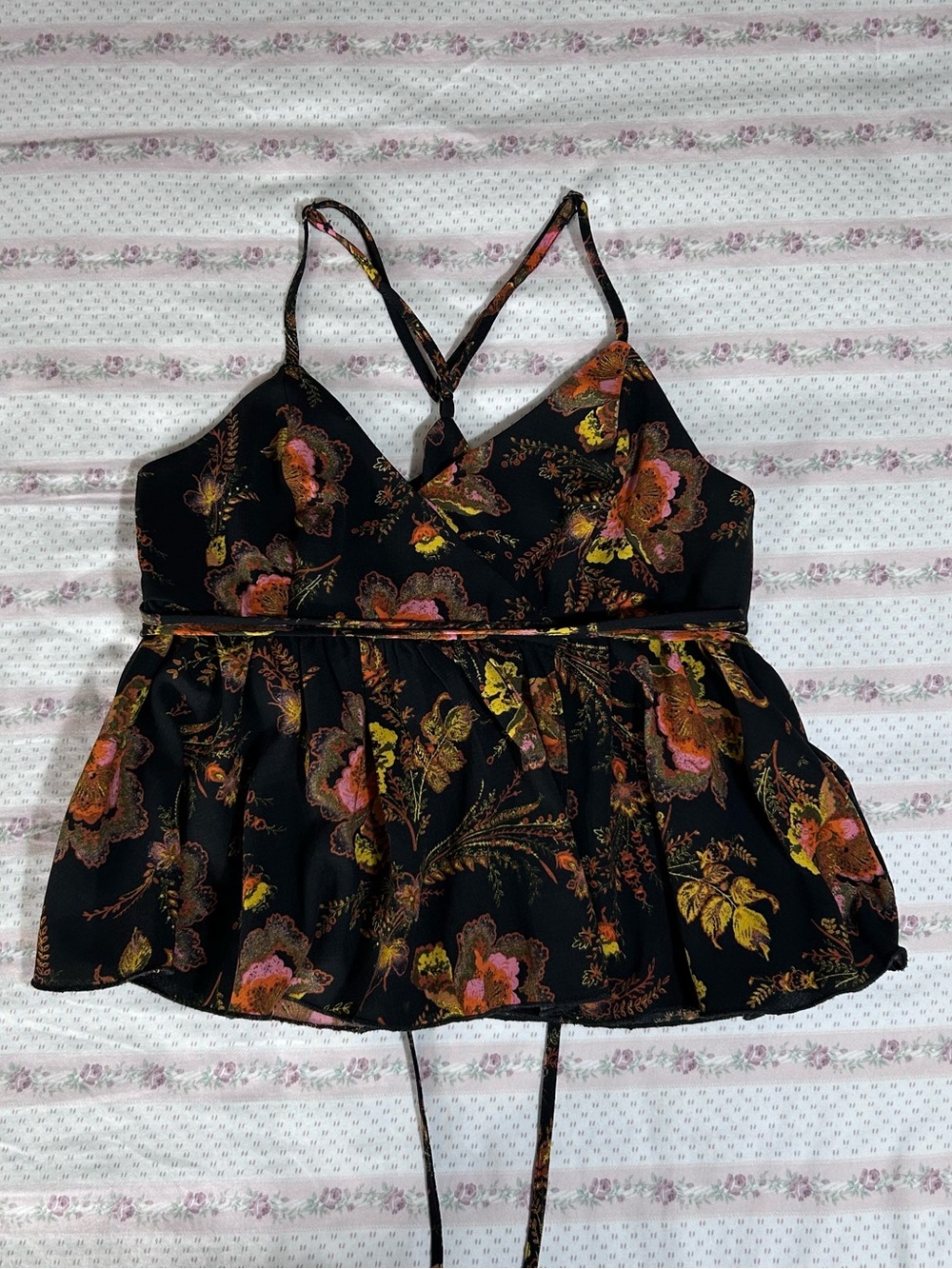 Urban Outfitters Black Floral Peplum Cami with Pink and Gold Accents